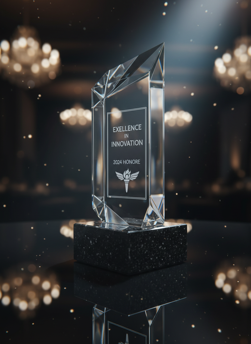 A luxury crystal award with a sharply faceted edge and a flawlessly engraved central panel, standing upright on a polished black granite base. The glass is perfectly clear, catching light along every edge, while the engraving appears frosted and precise, floating within the crystal. The award is placed on a reflective black surface with a subtle mirror effect, surrounded by softly glowing out-of-focus points of light to suggest a formal event setting. A cool spotlight from above and slightly behind creates dramatic rim lighting and delicate internal reflections. Photographic realism, captured from a low three-quarter angle to enhance stature and prestige, evoking sophistication and achievement.