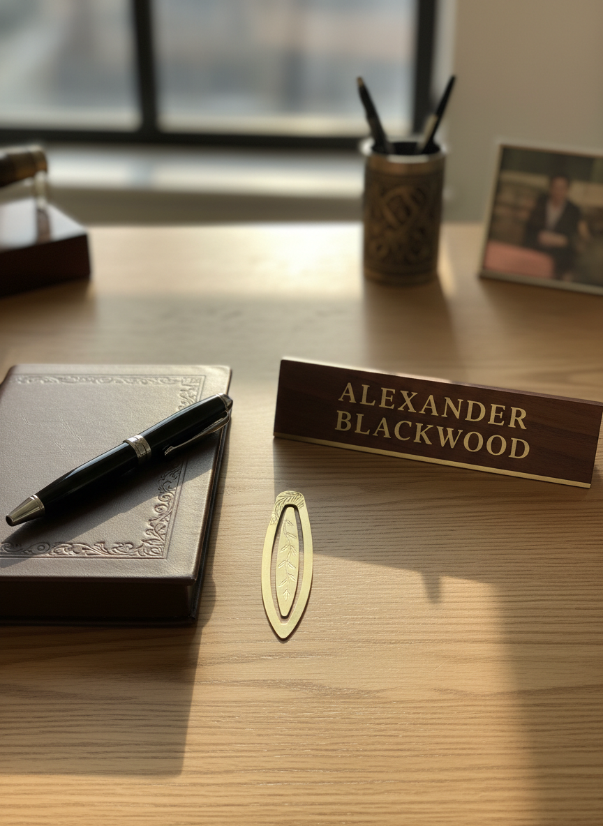 A sophisticated desk scene featuring a custom-engraved black metal pen resting diagonally across the corner of a leather-bound notebook with subtly embossed detailing. Beside it lies a slim, engraved brass bookmark and a dark mahogany nameplate with recessed, paint-filled lettering. Everything sits on a smooth, warm oak desktop with tight grain. Soft afternoon window light filters in from the left, creating gentle highlights on the pen’s metallic clip and the engraved lettering, while casting long, refined shadows. The background is tastefully blurred, with hints of additional engraved office accessories. Photographic realism, composed with a rule-of-thirds balance, evoking professionalism, refinement, and personalized executive style.