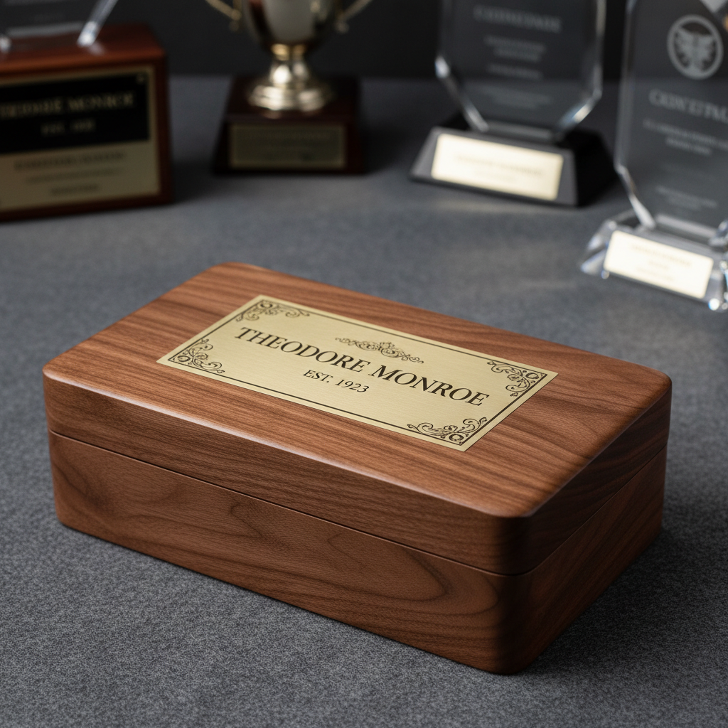 A polished walnut presentation box with a flawlessly engraved brass nameplate inset into the lid, showcasing refined, serif lettering and ornamental scrollwork. The wood grain is rich and deep, with a hand-rubbed satin finish that subtly reflects light. The box sits on a charcoal grey felt surface in a refined studio setting, with softly out-of-focus engraved metal tags and crystal awards in the background. Gentle, diffused side lighting from a large softbox creates smooth gradients across the brass and wood, highlighting every engraved detail. Photographic realism, composed with the box on the lower third of the frame, evoking a sophisticated, premium, and personalized gifting experience.