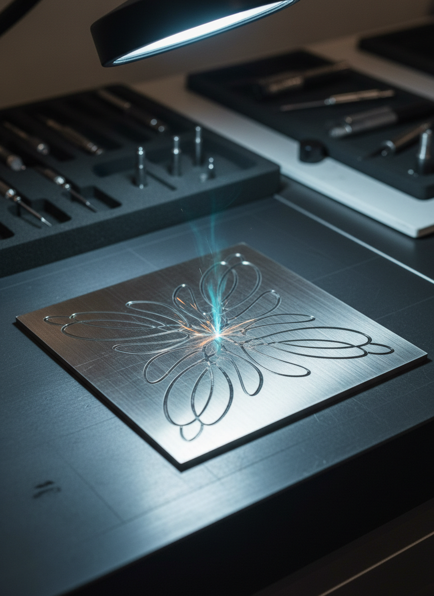 An elegant close-up of a brushed stainless-steel plaque being precisely laser-engraved with delicate, intricate lines on its surface. The metal shows fine machining marks and a subtle satin sheen, with tiny sparks and a faint glow at the point of engraving. The plaque rests on a clean, dark anodized aluminum worktable with neatly arranged precision tools blurred in the background. Cool, focused task lighting from above creates crisp reflections and razor-sharp highlights along the engraved grooves, emphasizing depth and accuracy. Photographic realism, shot from a slightly elevated angle with a shallow depth of field, conveys meticulous craftsmanship, quiet sophistication, and absolute precision.