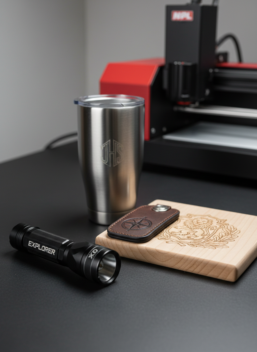 An array of custom-engraved items carefully arranged on a dark, matte workbench: a black anodized aluminum flashlight with crisp white engraving, a satin-finish stainless tumbler with a monogram, a leather key fob with a debossed emblem, and a small maple cutting board with a finely detailed crest. A high-precision engraving machine is softly blurred in the background as context. Overhead neutral studio lighting creates clean, accurate color and sharp reflections that trace every carved line. Shot from an eye-level angle with moderate depth of field, the composition feels curated and orderly, emphasizing variety, versatility, and the refined craftsmanship of personalized engraving.